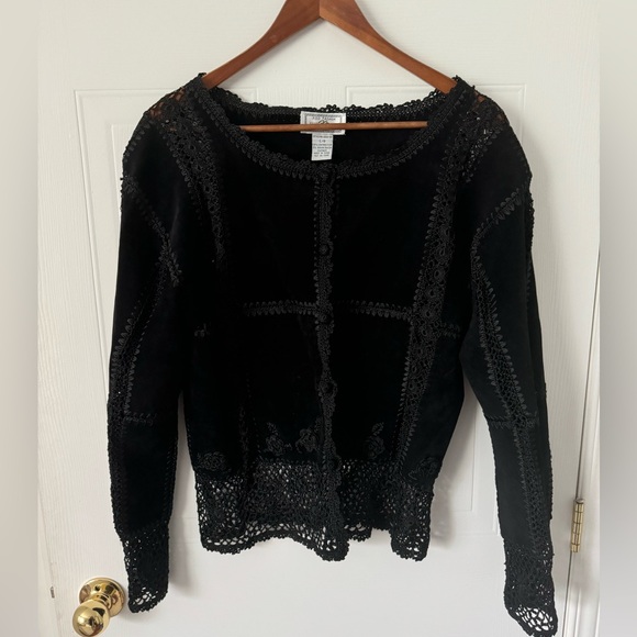 Red Fashion vintage suede  and crochet vest Scully Black Suede Leather Crochet L - Picture 1 of 11